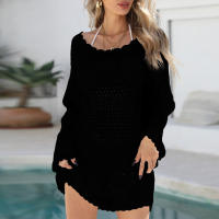 Vestido de punto para mujer, vestido playero con recorte de encaje, manga larga, envoltura de bikini, ropa de verano de ganchillo, túnica corta para nadar - details 20