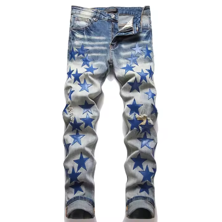 2025 otoño nueva moda de gama alta estrella azul parche bordado adelgazamiento pantalones vaqueros de los hombres - 1