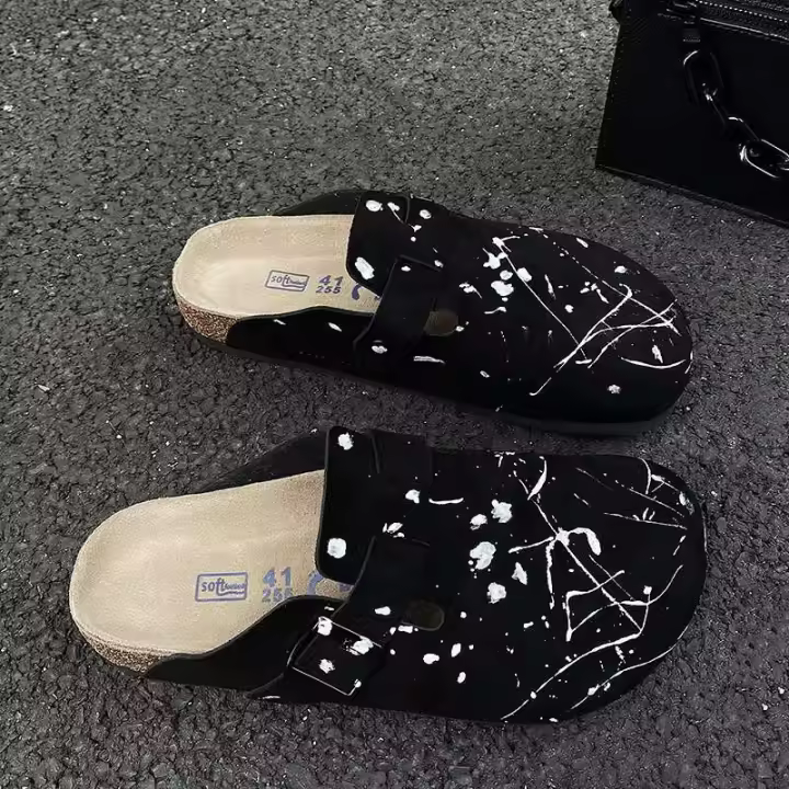 Pantuflas de mula ajustables antideslizantes para exteriores para hombre, piel de vacuno, zuecos de invierno, zuecos de madera estampados para mujer y hombre - 1