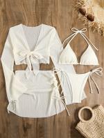 Conjunto de baño de 4 piezas para mujer Lauvoco, 2024, nuevo color liso, pareo de hombros descubiertos, falda de malla transparente, bikini, 82% poliéster, 18% elastano, tejido de punto de alta elasticidad, detalle de cordones, sin mangas, para nadar. - details 8