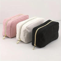 Bolso De Maquillaje Para Viaje Organizador De Cosméticos De Corduroy Para Mujeres Estuche De Belleza Portátil De Cierre De Cremallera - details 0