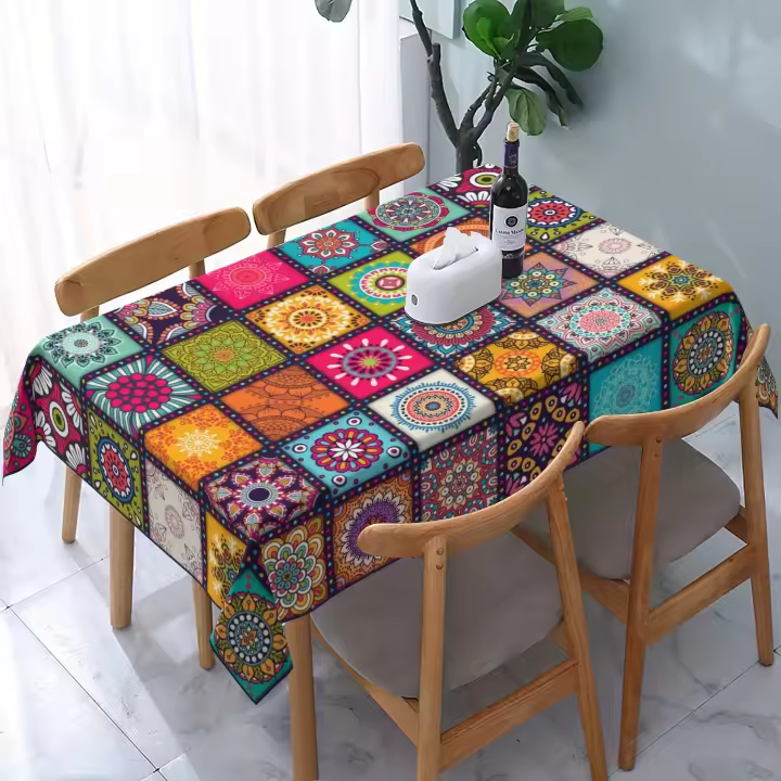 Mantel rectangular de poliéster para decoración del hogar, mantel de mesa colorido, Circular, bohemio, Festival indio, fiesta - 1