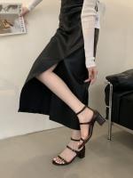 Nicho francés tacones altos sandalias simples de punta abierta zapatos de mujer nuevo tacón grueso con falda zapatos romanos - details 23