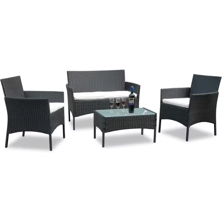 Juego de muebles de jardín de polirratán, 7 piezas, incluye sofá, sillas individuales, mesa y cojines de asiento, muebles de terraza para balcón, jardín (negro) - 1
