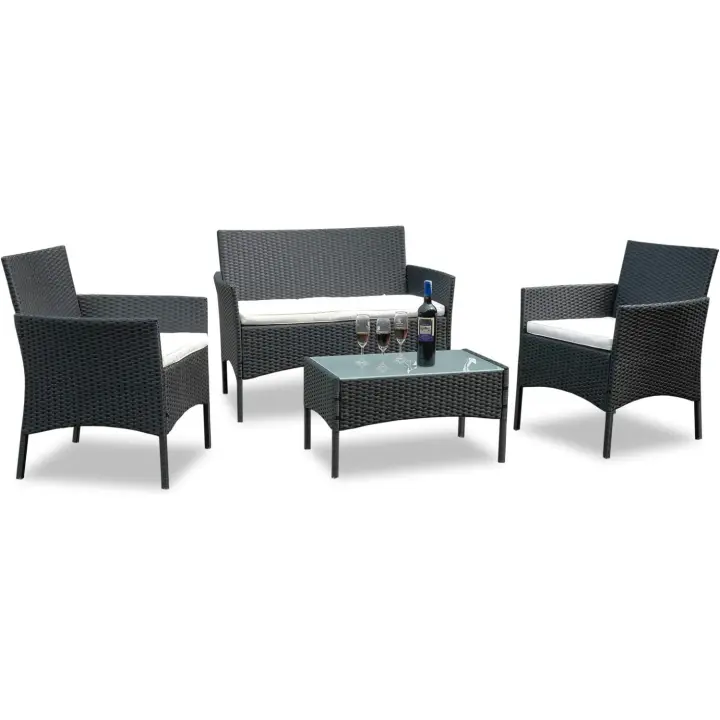 Juego de muebles de jardín de polirratán, 7 piezas, incluye sofá, sillas individuales, mesa y cojines de asiento, muebles de terraza para balcón, jardín (negro) - 1