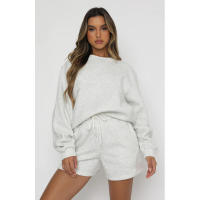 Wind Conjunto de pantalones cortos y sudadera con cuello redondo informal holgado de Color puro para mujer - details 39