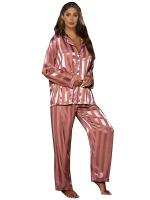 Conjunto de 2 piezas de manga larga a rayas para mujer, pijama de satén primavera/verano, pijama holgado para el hogar - details 2