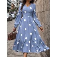 Moda femenina 2024 Primavera Vestido acampanado de manga larga con cuello en V y estampado de lunares - details 2