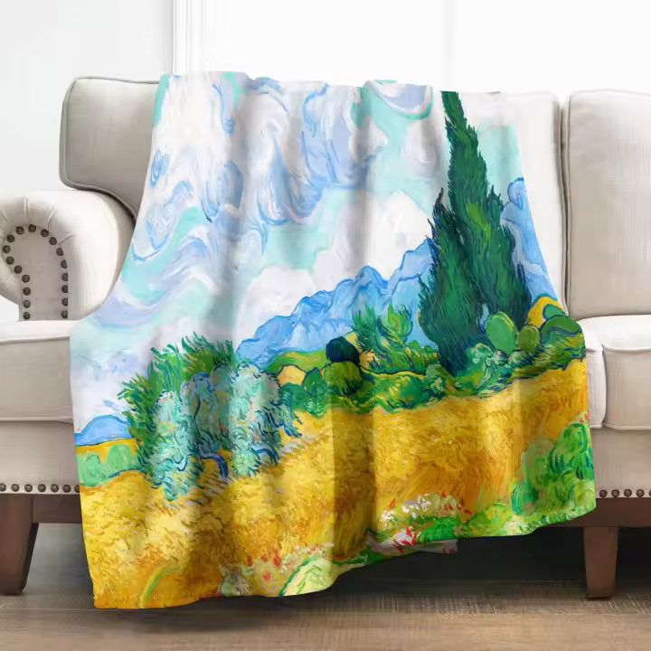 Manta Campo de trigo con cipreses de Vincent Van Gogh Manta con estampado de árbol verde para mujeres y niñas, regalos, mantas suaves, cómodas y ligeras, decoración para el hogar, silla, sofá - 1