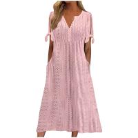 Elegante Vestido de Manga Corta con Cuello Redondo Color Sólido, Moda Casual con Bolsillos y Botones - details 1