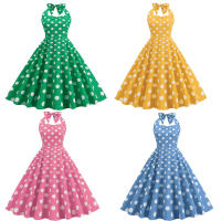 estilo impreso años 50 lunares cuello colgante, vestido pequeño de longitud media, vestido - details 1