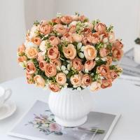 Rosa de seda de 15 cabezas, capullo de té pequeño para decoración de Navidad, alféizar del hogar, accesorios de bonsái, Fondo de boda, pared de flores artificiales - details 5