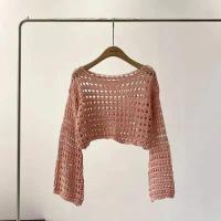 Camiseta Vintage ahuecada, suéter de punto informal, camiseta holgada Y2K, suéter fino con cuello redondo, jerséis de otoño, ropa de calle de moda - details 7