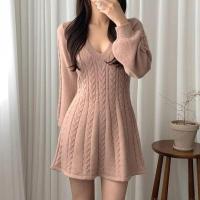 Falda corta de punto para mujer, ropa elegante de manga larga con cuello puntiagudo, usada, negra, invierno - details 50