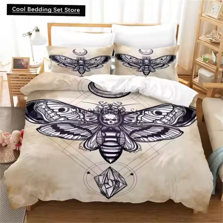 Juego de Ropa de Cama Gótica de Muerte de Polilla Lujo Hogareño con Tapa de Calavera y Mariposa - 1