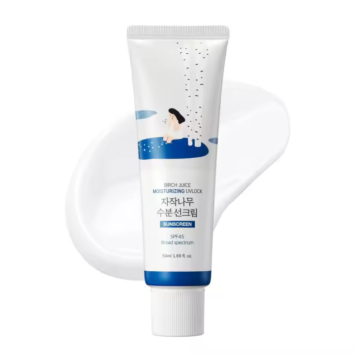 ROUND LAB Birch Juice Moisturizing LOCK 1.69 Fl Oz SPF 45 de amplio espectro, un protector solar hidratante, sin reflejos blancos, fuerte UV - 1