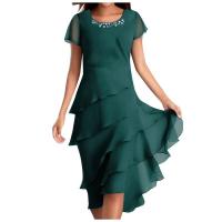 Vestido de mujer de color sólido: vestidos con paneles de gasa de cuello redondo de manga corta para mujer de verano de talla grande - details 4