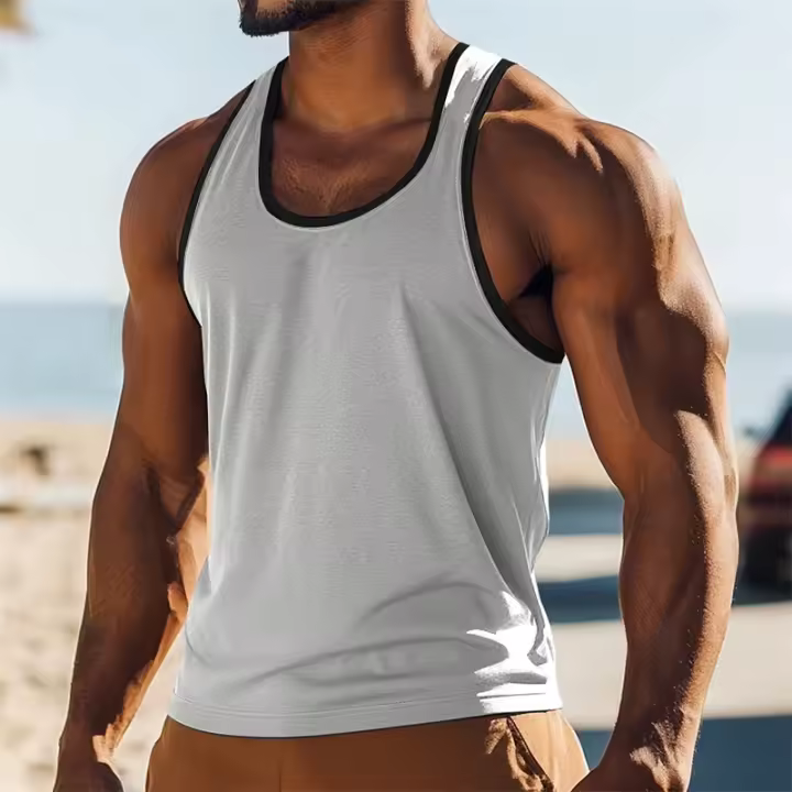 Camiseta sin mangas de colores contrastantes simples para hombre, moda de verano, sin mangas, chaleco de gimnasio estampado 3D, camisetas deportivas informales de gran tamaño de secado rápido - 1