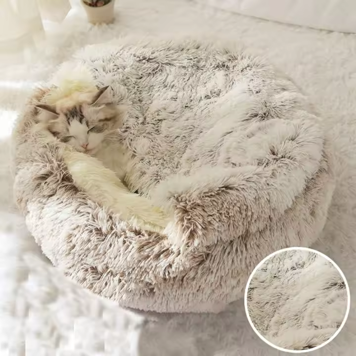 Esterilla redonda de felpa larga y cálida para mascotas, cueva interior, saco de dormir, casa para perros, cojín para gatos, cama para gatos, suministros de invierno - 1