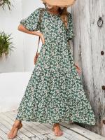 Vestido suelto de manga media con cuello redondo y falda larga floral informal retro de talla grande - details 7