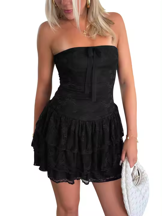 Vestido informal con gradas para mujer, falda de tubo con bordado de encaje halter sin mangas en negro - 1