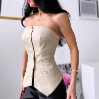 Mujeres nuevo tubo de cuero de la PU chaleco sexy, un hombro sin espalda apretado chaleco de las señoras - details 0
