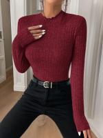 Top de punto de manga larga con cuello con volantes, camiseta interior a rayas con cuello medio para mujer, suéter informal de otoño-invierno - details 7