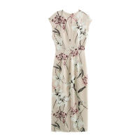 OUWU- Vestido Midi De Satén Con Estampado Floral Para Mujer De, Escote En V, Mangas Cortas, Detalles Plisados, Abertura En La Espalda, Cremallera Invisible, Vestido De Primavera Y Verano, Nueva Falda Elegante Informal - details 2