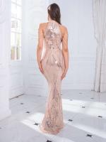 Vestido de noche de fiesta con lentejuelas elásticas y cuello redondo, sin tirantes, dorado - details 3