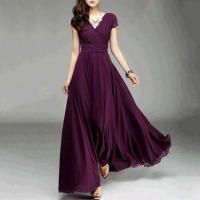 Gran oferta, vestido de noche largo bohemio de Color sólido con manga corta y cuello en V, cintura ajustada - details 9
