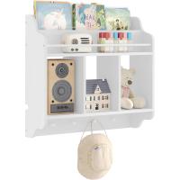 Estantería de Pared para Niños Librería Flotante con 3 Compartimentos y 4 Ganchos de Pomo Blanco - details 0