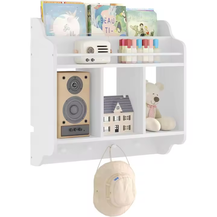 Estantería de Pared para Niños Librería Flotante con 3 Compartimentos y 4 Ganchos de Pomo Blanco - 1
