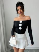 Nueva camiseta de mujer de manga larga con flores en 3D, sin tirantes, de un solo cuello, ajustada - details 2