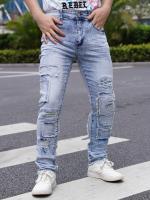Jeans para hombre, bordado de retales lavados destruidos, moda, cómodos, transpirables, adecuados para exteriores y transporte - details 0