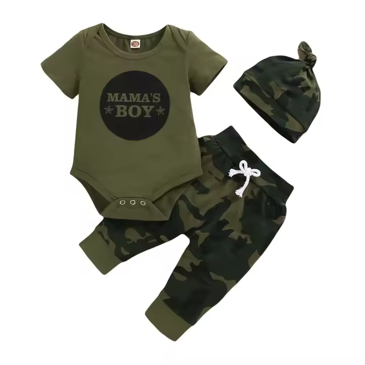 Conjunto de Ropa para Bebé Recién Nacido de 0-18 Meses Mono de Manga Corta con Estampado de Letras, Pantalones de Camuflaje y Sombrero Conjuntos de Verano para Niño Pequeño de 3ud - 1