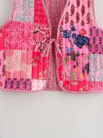 Ropa de otoño de 2024, mujer floral rosa, estampado de anacardo superior, chaleco vintage abotonado, chaleco acolchado para mujer con lazo frontal - details 27