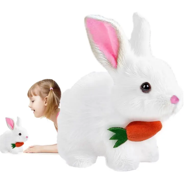 Conejito de juguete realista, conejito de Pascua, conejito interactivo realista, juguetes de conejito realista para niños, saltando, temblando y sacudiendo las orejas, con zanahoria, blanco - 1
