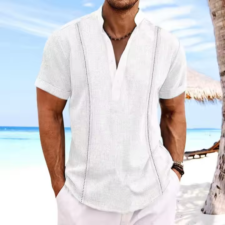 Camisa de algodón para hombre, camiseta casual de manga corta, cuello Henry, caqui, blanco azul, grande 3XL y 2XL - 1