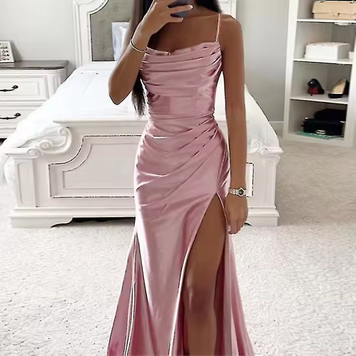 Vestido largo de noche con cuello desbocado para mujer, traje de satén sin mangas, informal, para fiesta - 1