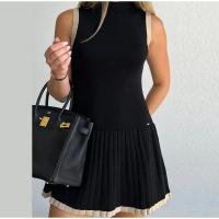 Vestido corto plisado de punto con bordes en contraste para mujer, minivestido elegante de cuello alto sin mangas, ajustado,2024 - details 5