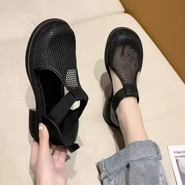 Sandalias de Punta Cerrada para Mujer Zapatos Negros, Transpirables, Moda Media, Planos, Cómodos con Hebilla Exterior - 1
