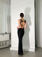 Camisola francesa con diamantes de imitación para chica picante, vestido de noche ligero de lujo de gama alta con cadera envuelta, vestido largo sin espalda para fiesta - details 12