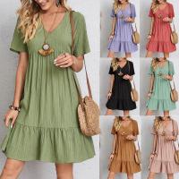 Vestido Casual De Verano Para Mujer Con Cintura Elegante Y Manga Corta Estilo Bohemio Vestido A-Line De Poliéster Longitud De Rodilla - details 0