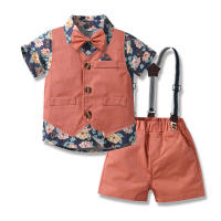 Traje de verano para niños, chaleco, camisa Floral de manga corta, pantalones cortos con tirantes, conjunto de tres piezas, traje Pastoral de moda - details 6