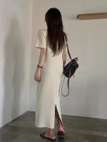 Nuevo vestido Vintage de verano para mujer, tejido de seda helada, moda coreana, cuello redondo, manga corta, informal, suelto, Vestidos largos con abertura - details 4