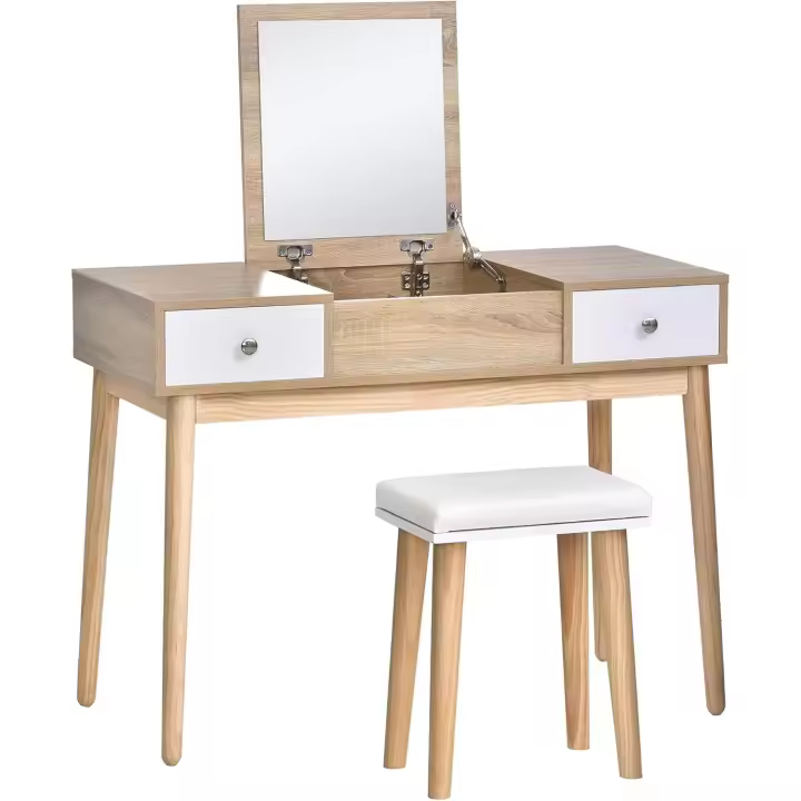 Tocador de Maquillaje con Espejo Abatible Mesa de Maquillaje con Taburete Acolchado Cojín Suave Compartimentos y Cajones Patas de Madera Maciza 100x45x118 cm Color Natural - 1