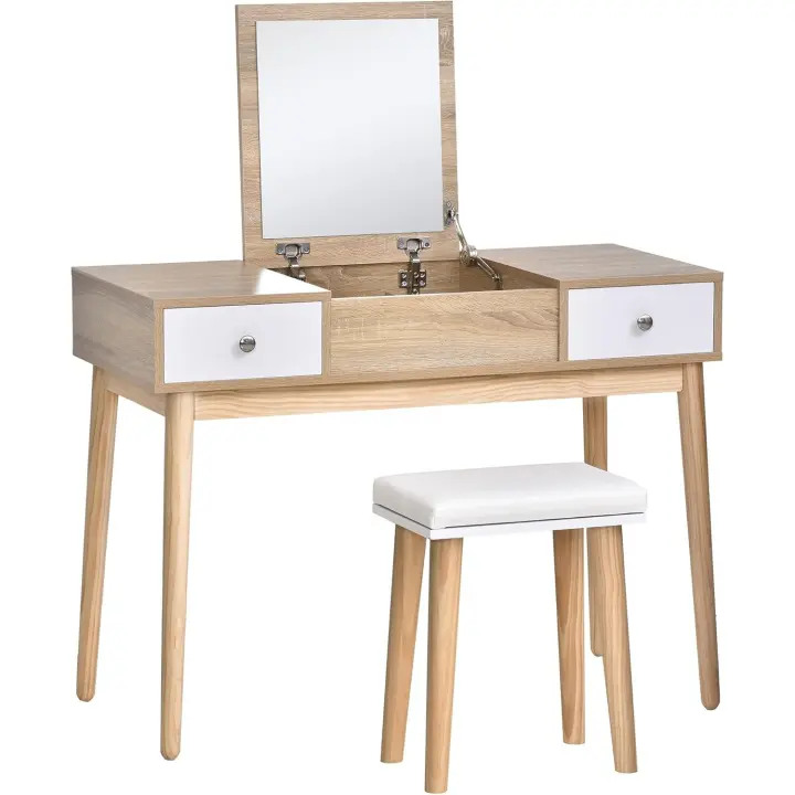 Tocador de Maquillaje con Espejo Abatible Mesa de Maquillaje con Taburete Acolchado Cojín Suave Compartimentos y Cajones Patas de Madera Maciza 100x45x118 cm Color Natural - 1