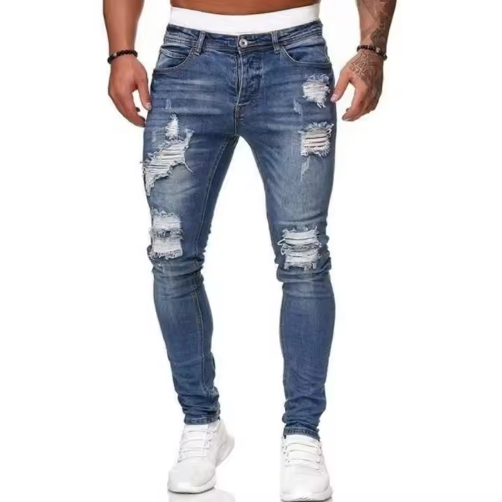 Jeans ajustados azules para hombre Pantalones vaqueros ajustados rasgados y destruidos elásticos Pantalones vaqueros a rayas laterales - 1