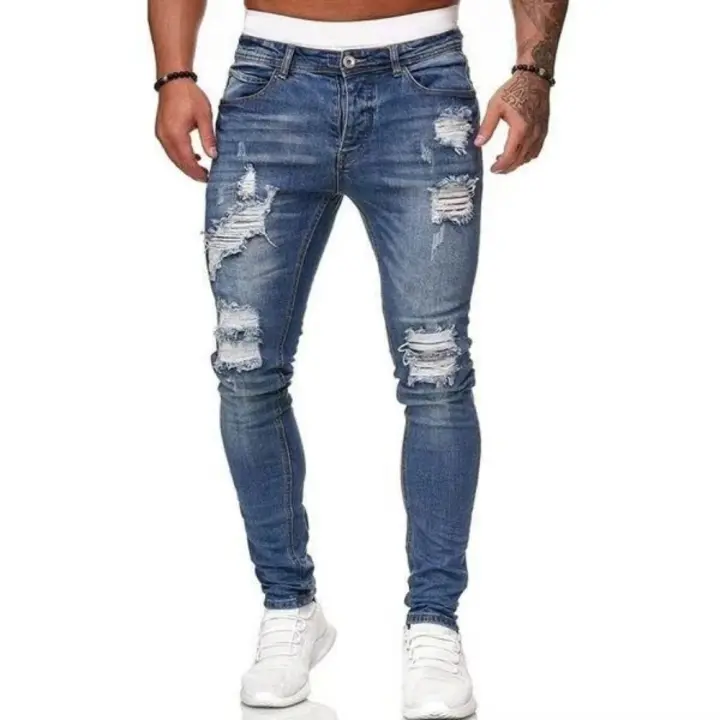 Jeans ajustados azules para hombre Pantalones vaqueros ajustados rasgados y destruidos elásticos Pantalones vaqueros a rayas laterales - 1