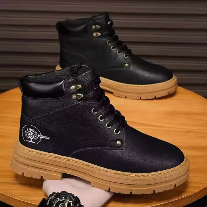 Botas altas para hombre, zapatos de cuero planos informales y versátiles con suela gruesa, compatibles con tablero de trabajo, moda de invierno, 2025 - 1